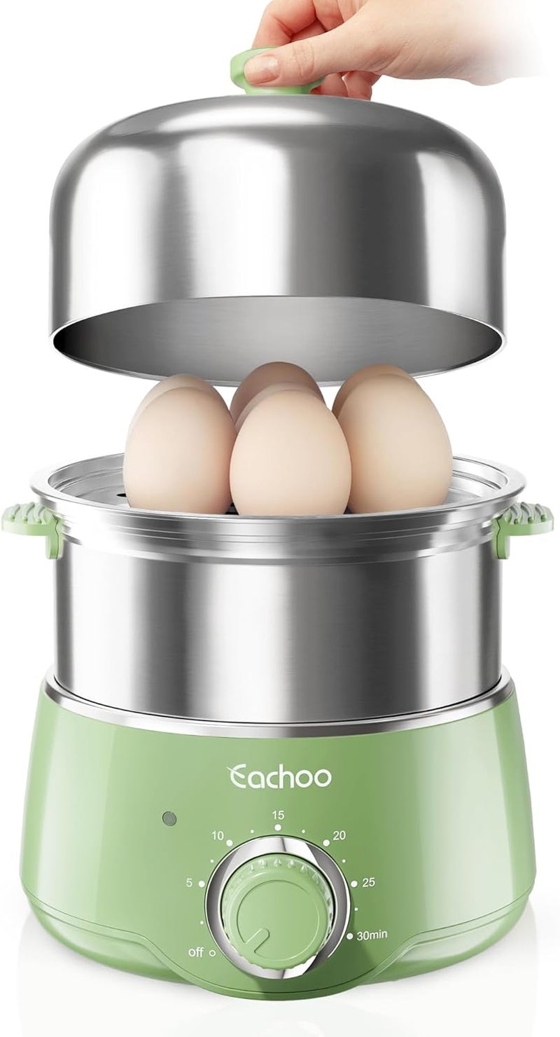 CACHOO Hard Boiled Egg Cooker - 14-Egg Rapid Stainless Steel Egg Boiler with 30-Min Timer & Auto Shut Off, Compact Electric Vegetable Steamer for Cooking, Dishwasher Safe, Retro Green - Image 1